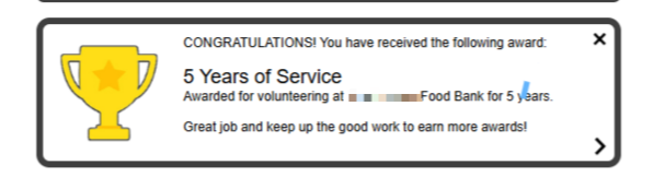 Food bank signup portal award for 5 years of volunteering,